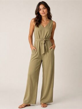 Everlane Olive Japanese Go Weave Sleeveless V-Neck Tie-Waist Jumpsuit 0